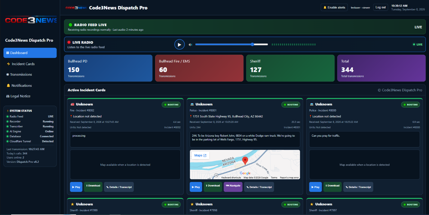 Actual Code3News Dispatch Pro subscriber dashboard showing live radio, active incidents, transcripts and maps